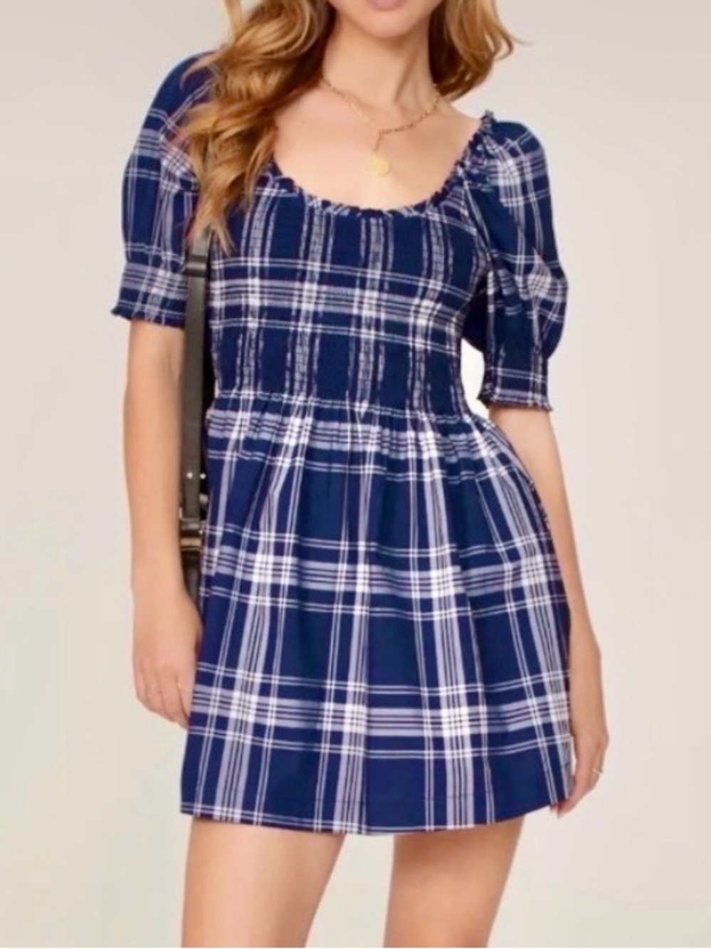 Hill House The Nap Dress - Navy plaid ruched ruffle mini dress puff sleeves XXS